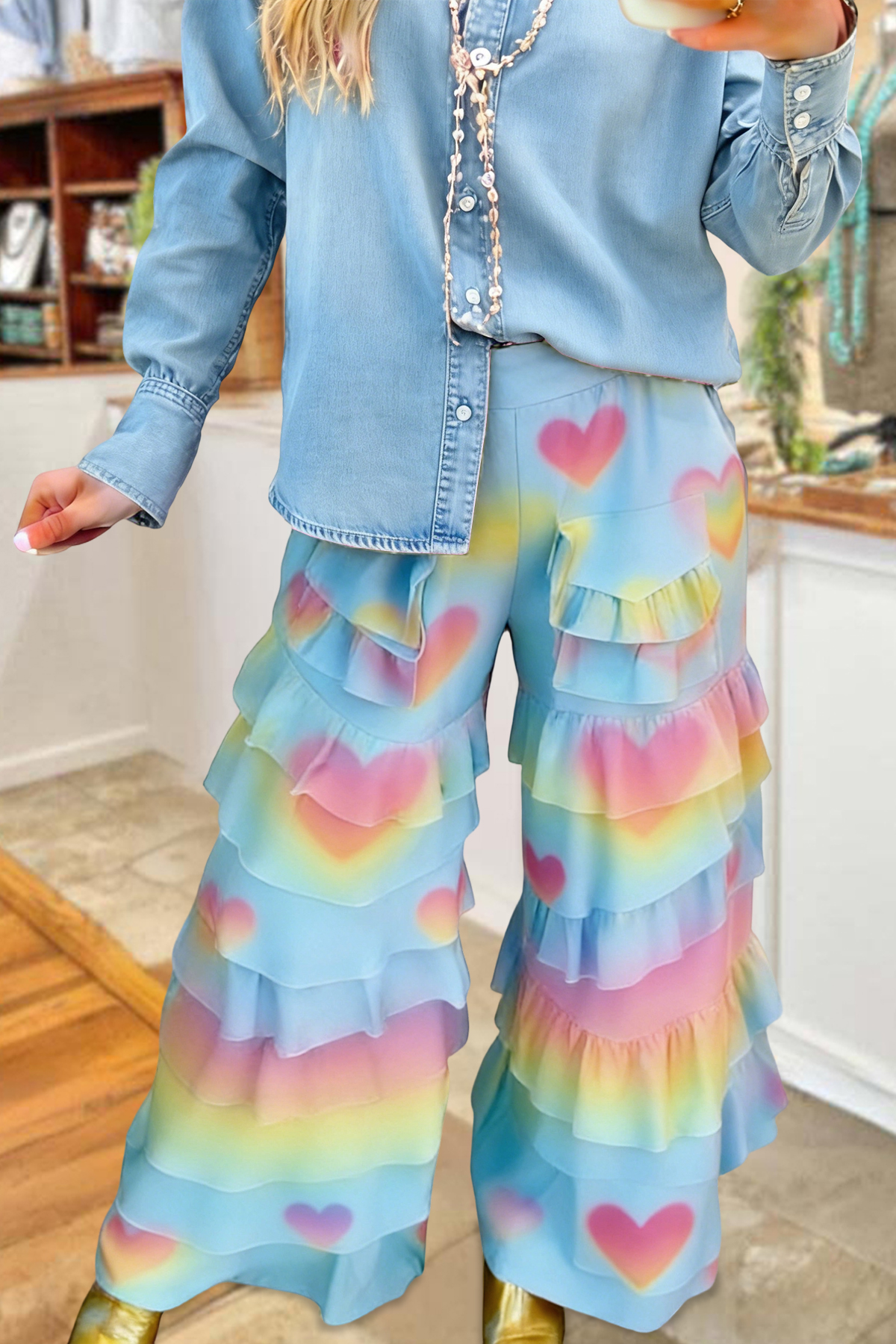 Cute Easter Heart Gradient Print Ruffle Pants