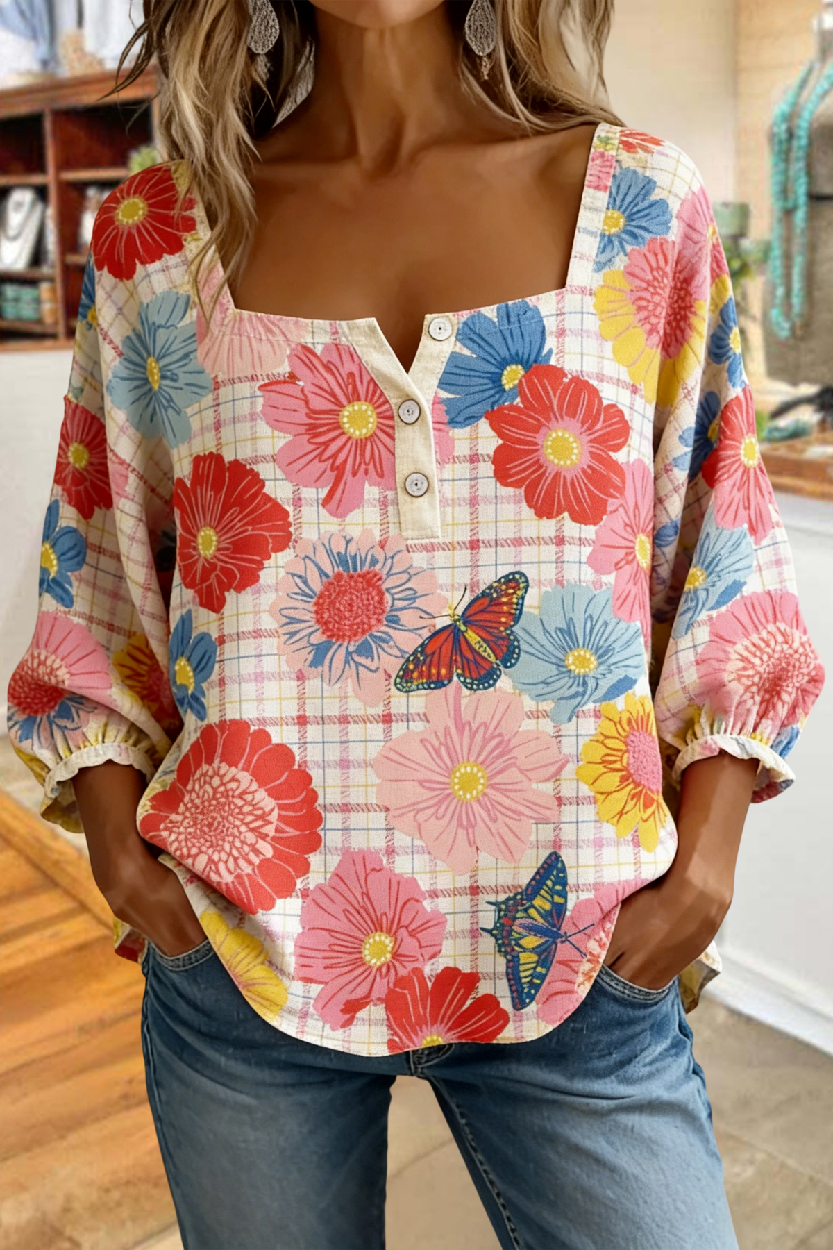 Cute Floral Plaid Print Square Neck Blouse