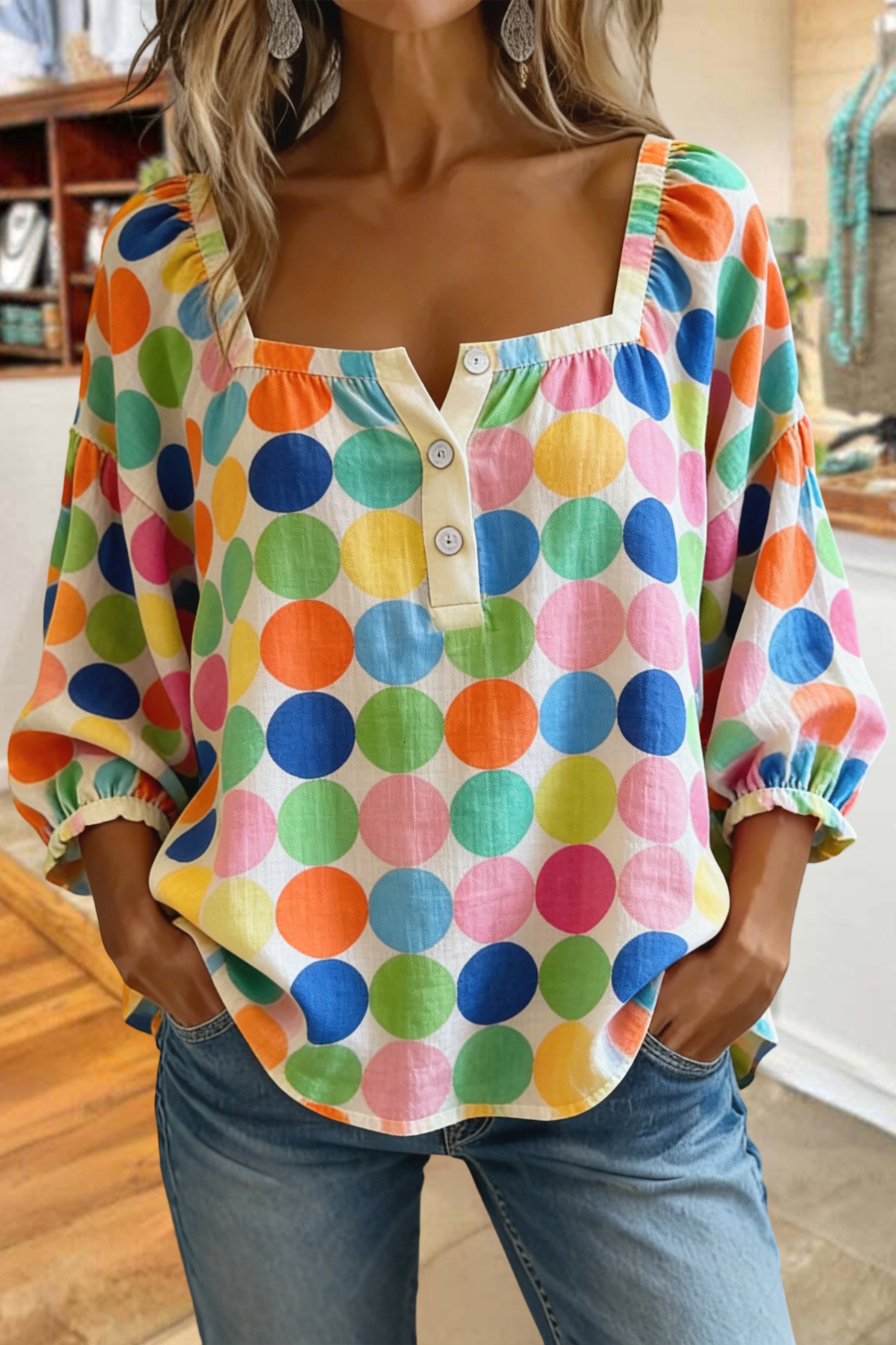 Cute Floral Plaid Print Square Neck Blouse