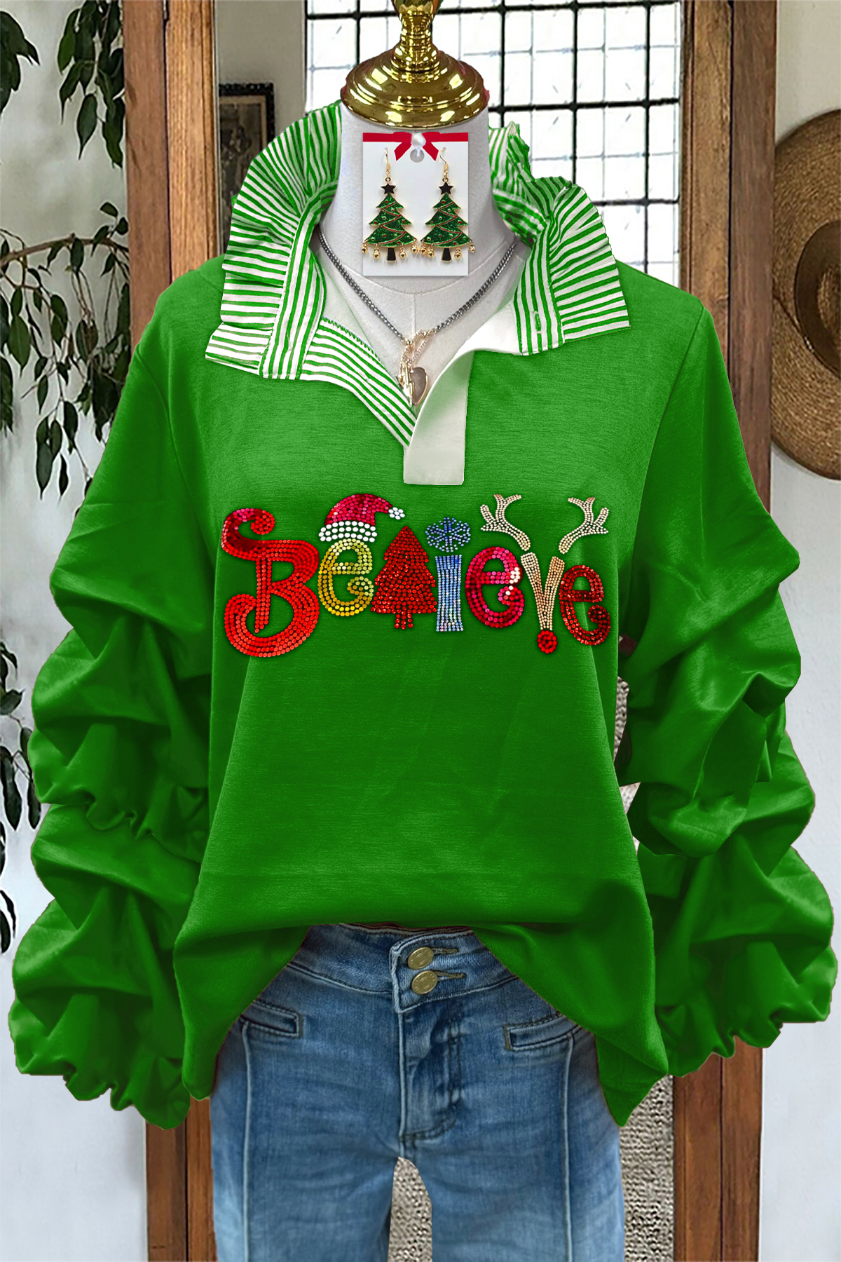 Sweet Christmas Believe Diamond Pleated Blouse