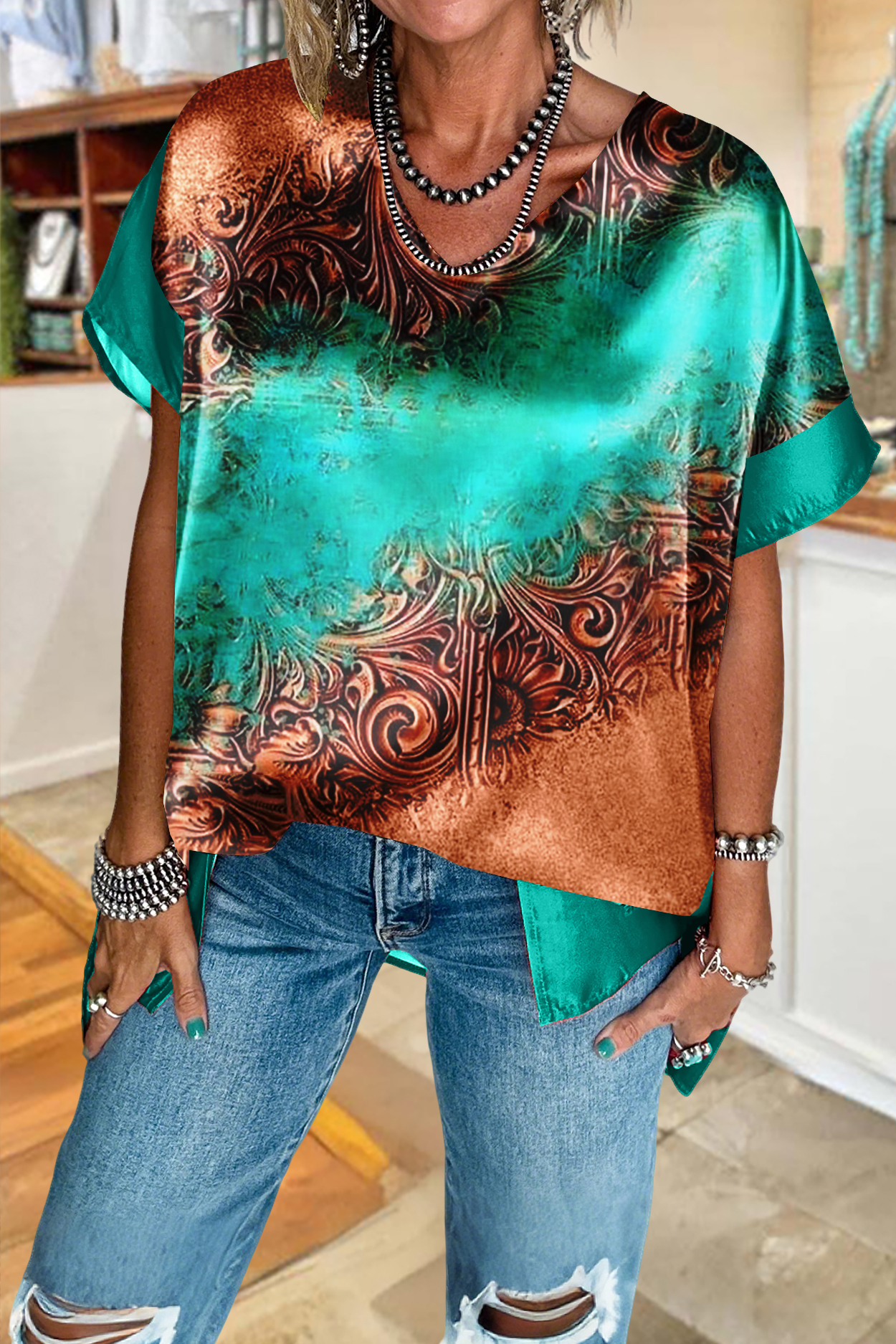 Western Gradient Satin Cape Top