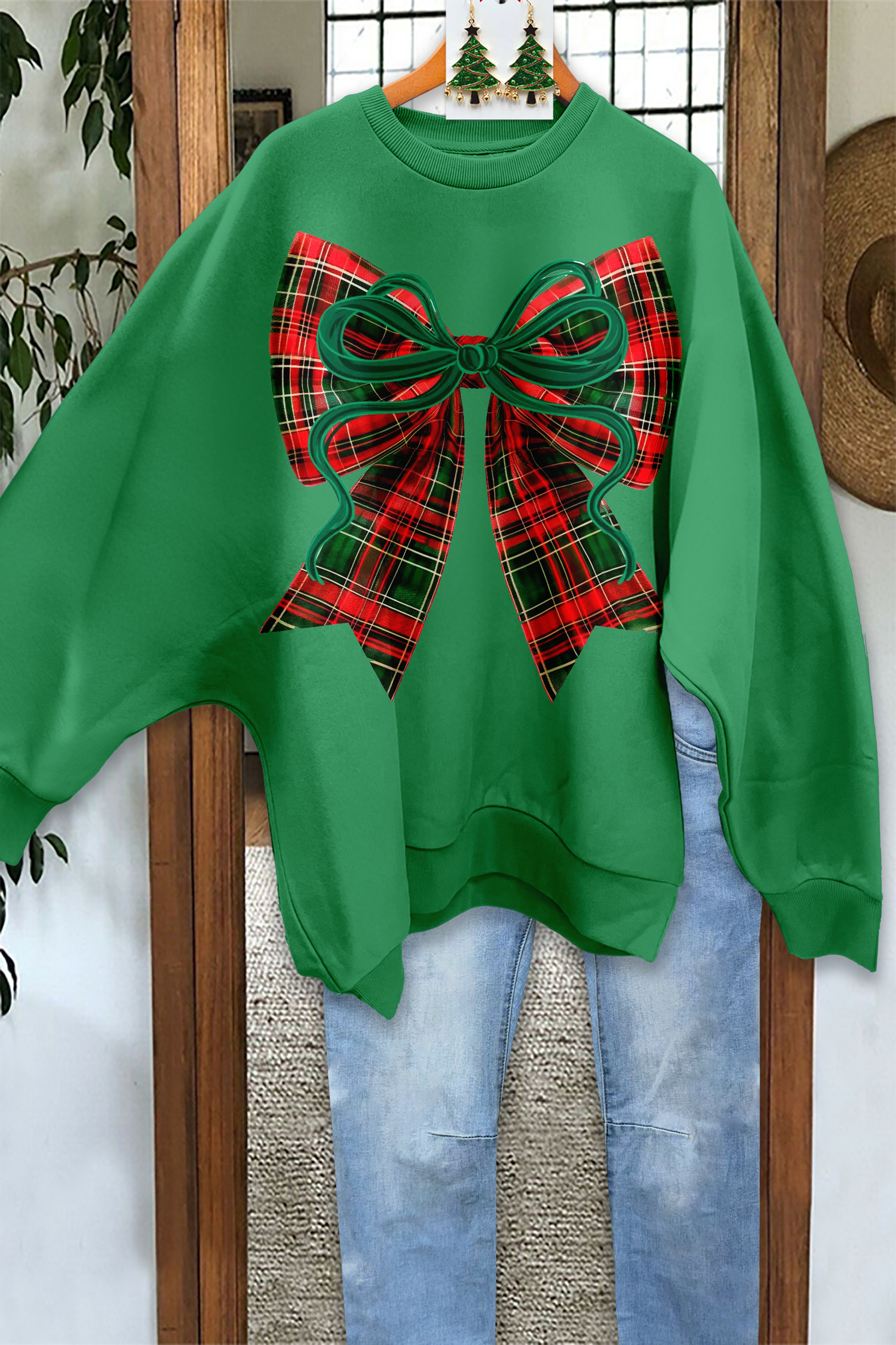 Christmas Striped Bow Plaid Oversized Sweatshirt