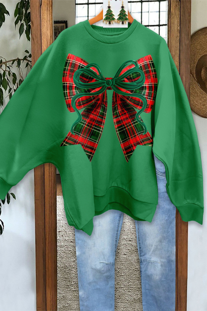 Christmas Striped Bow Plaid Oversized Sweatshirt