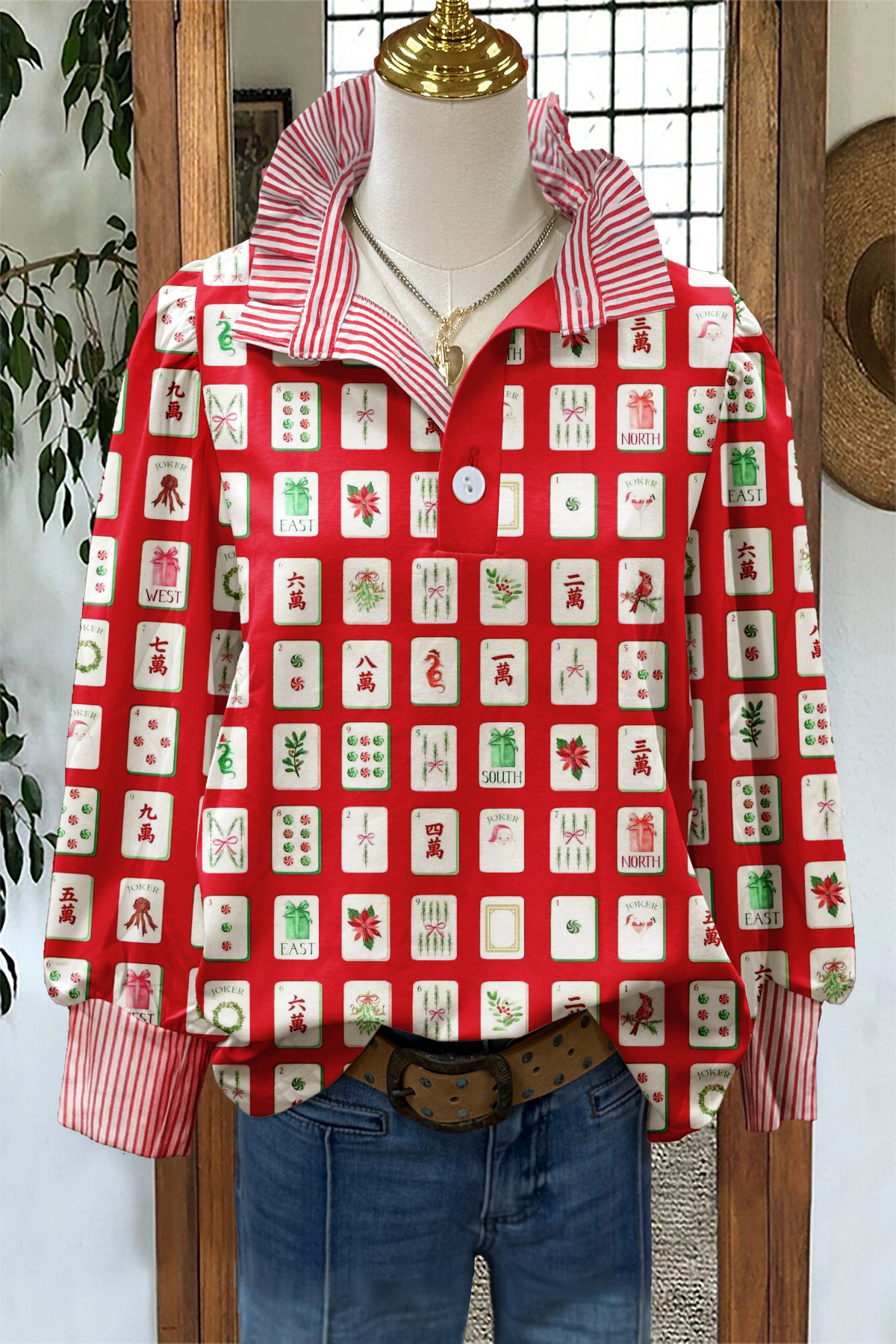 Christmas Mahjong Striped Stand Collar Blouse