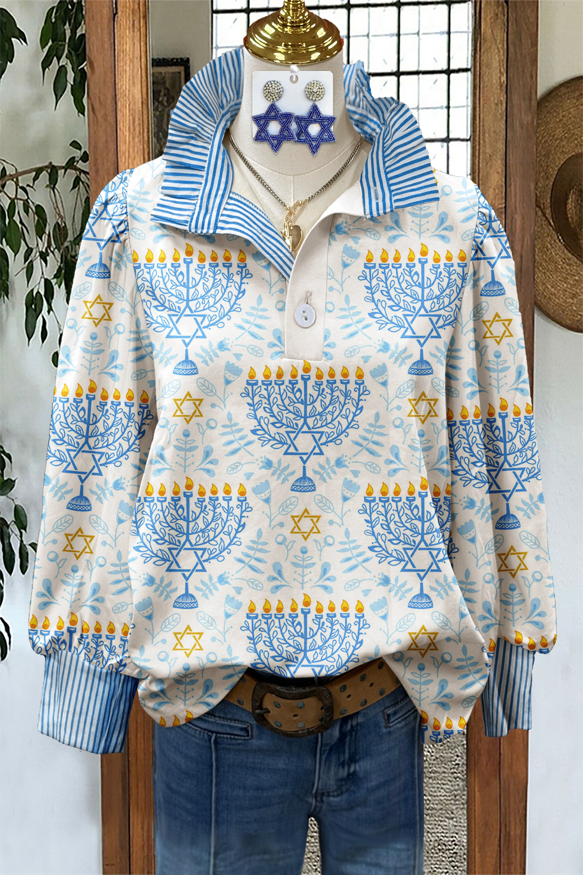 Classic Hanukkah Striped Stand Collar Blouse