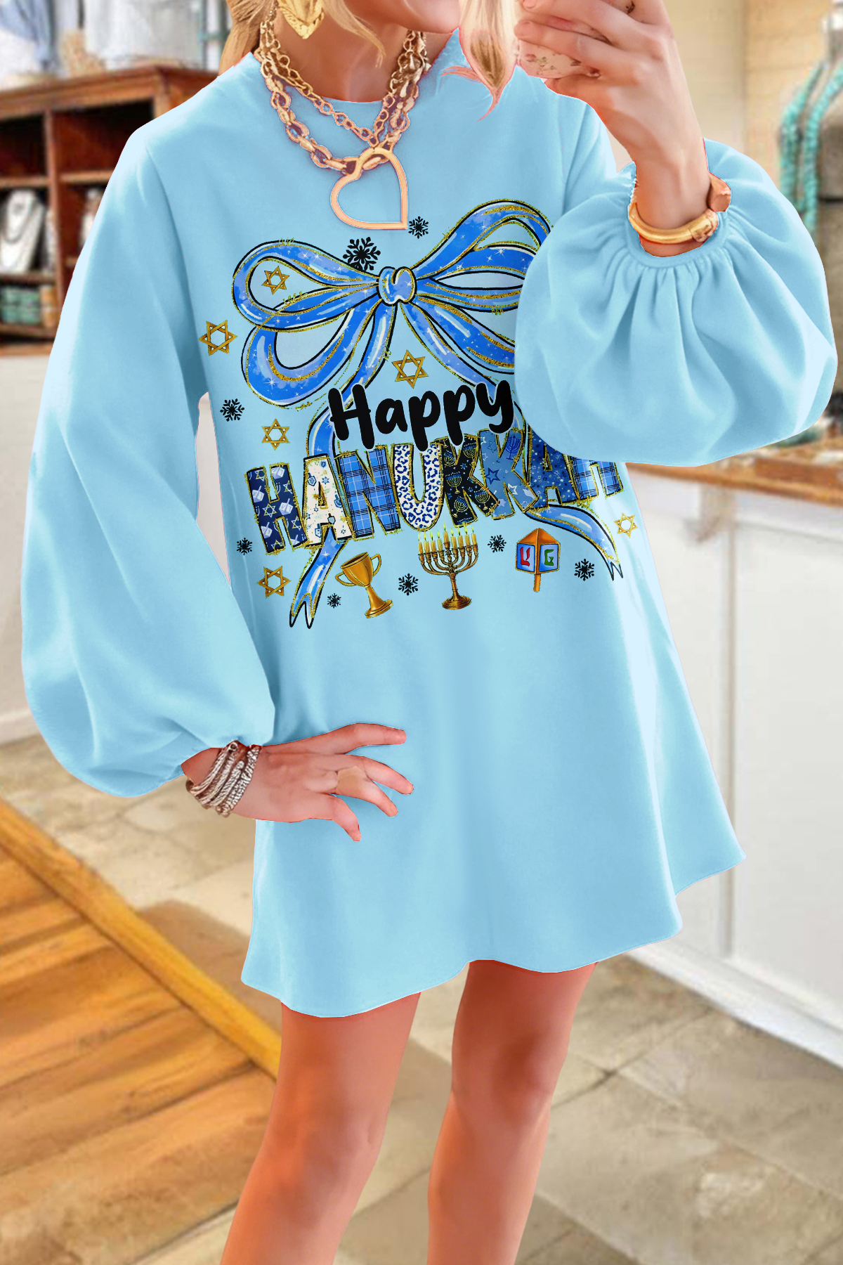 Hanukkah Bow Sweatshirt Dress