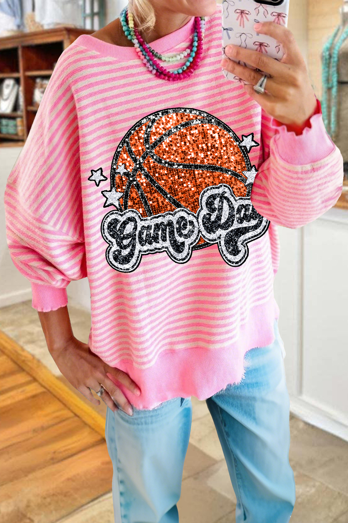 Basketball Game Day Striped Sweatshirt