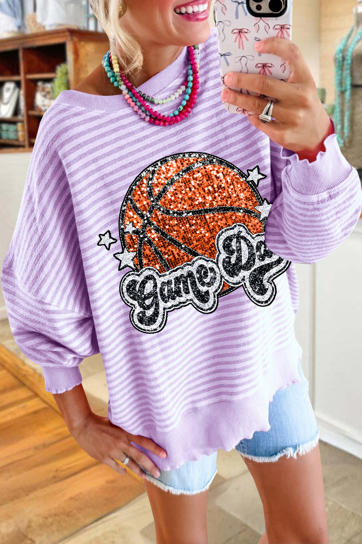Basketball Game Day Striped Sweatshirt