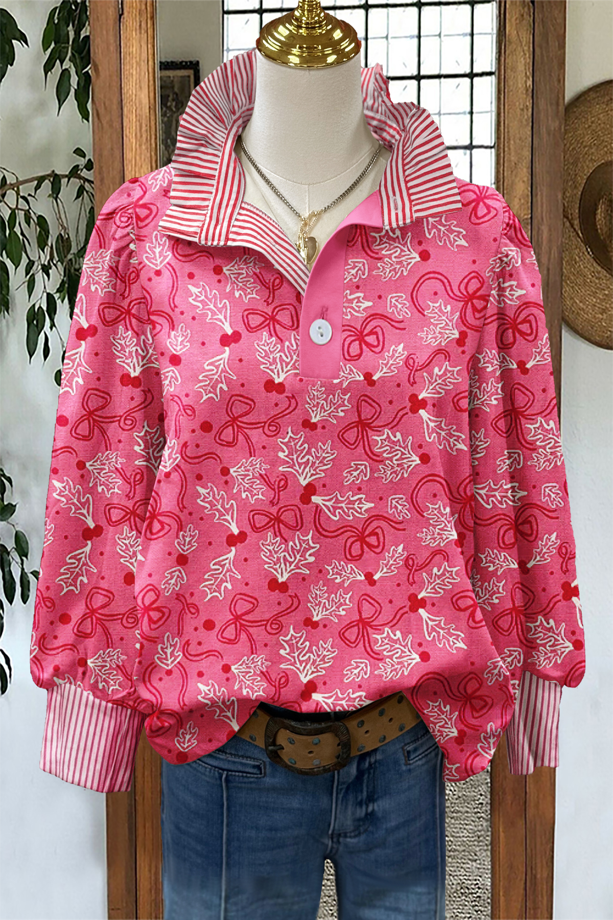 Christmas Bow Striped Stand Collar Blouse