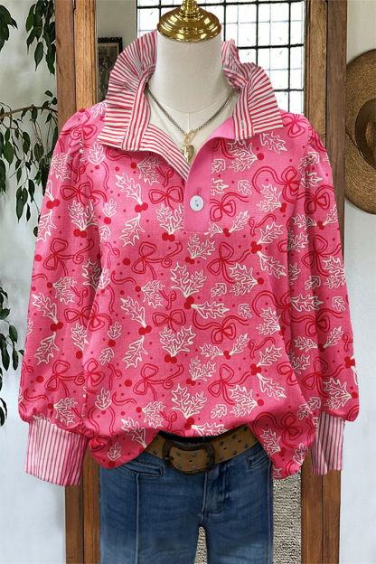 Christmas Bow Striped Stand Collar Blouse