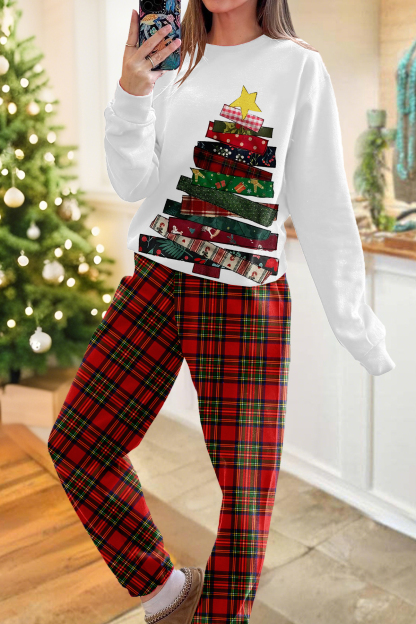 Christmas Tree Pattern Print Top and Pants Two-Piece Set