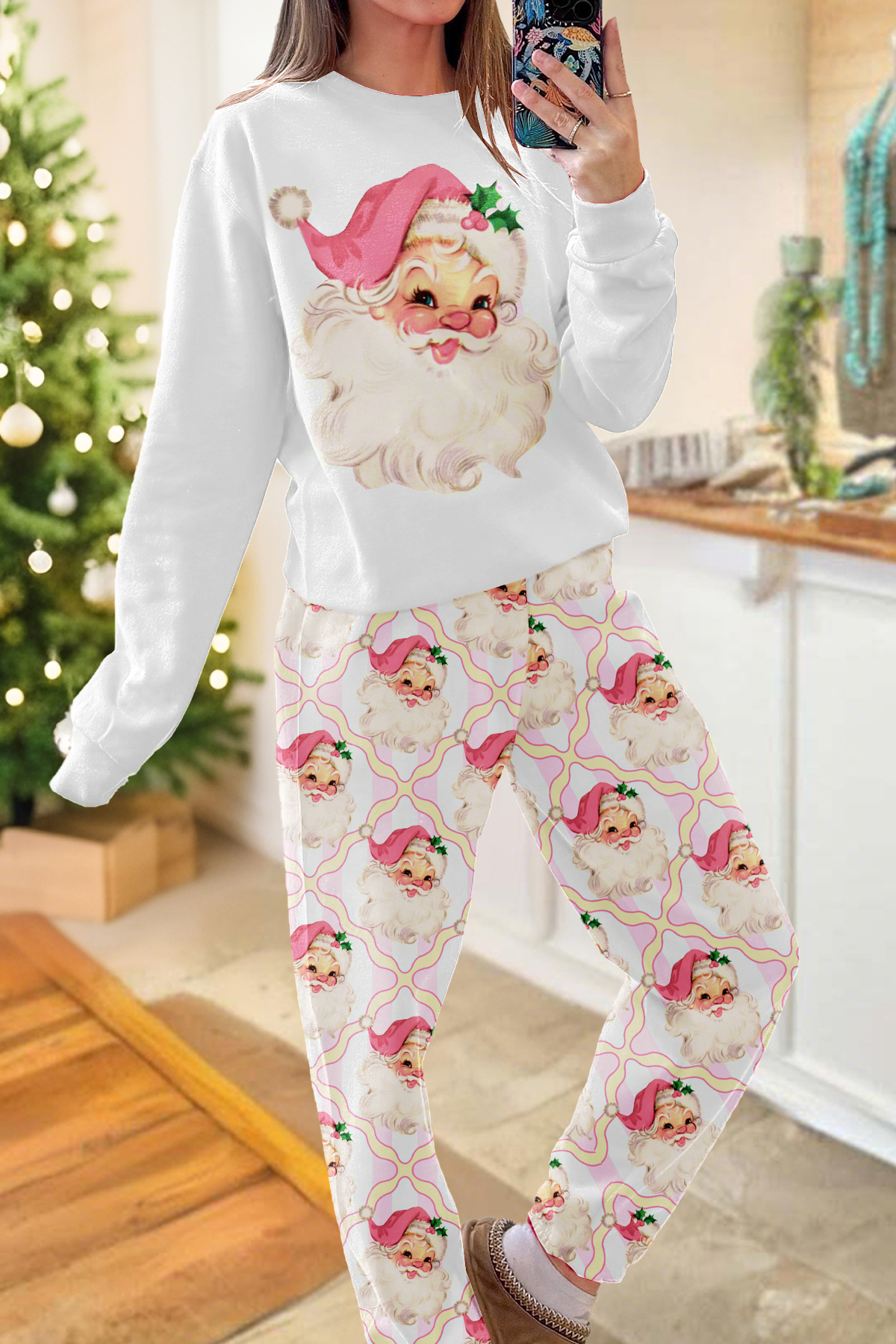 Christmas Santa Claus Print Top and Pants Two-Piece Set