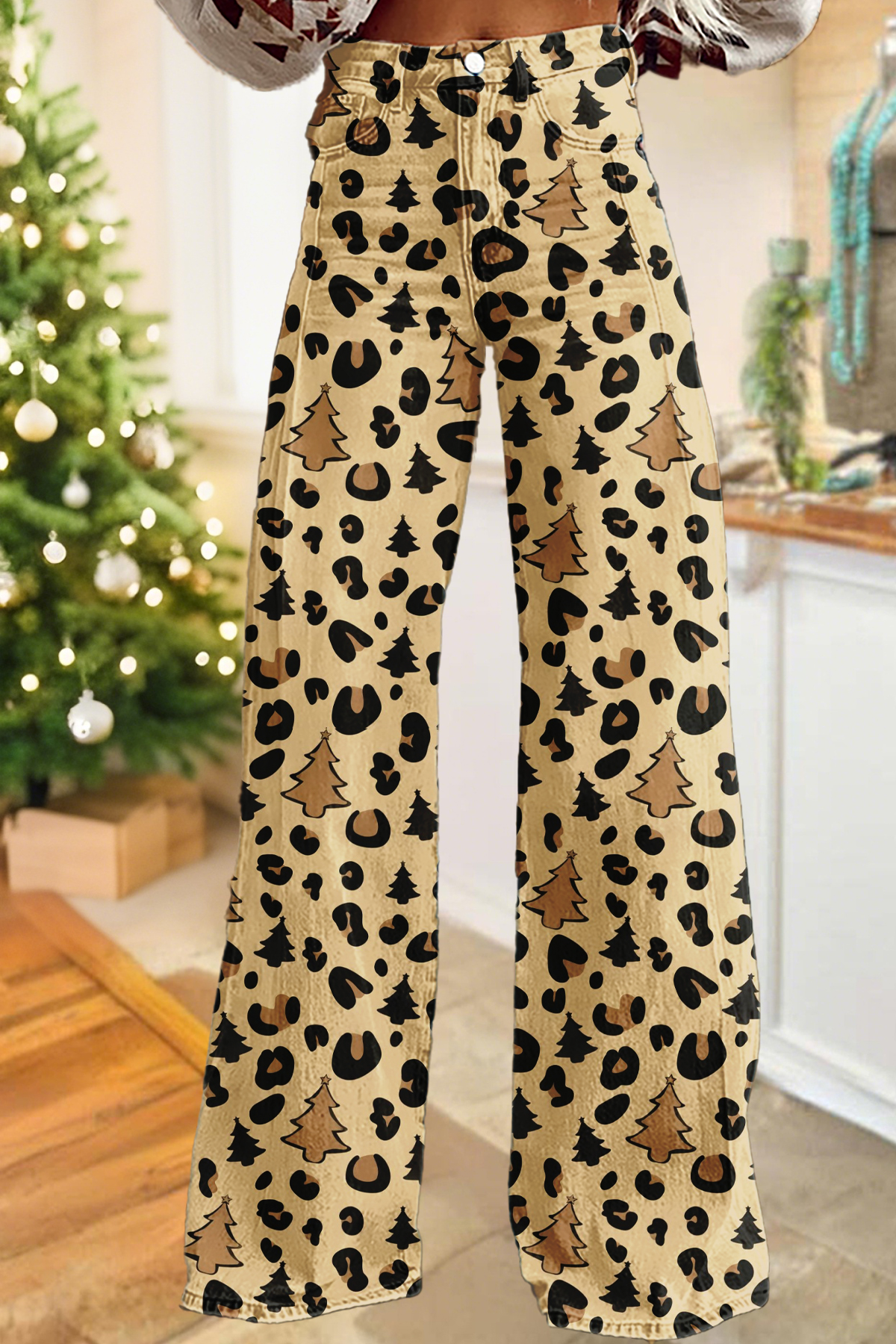 Christmas Tree and Leopard Wide-Leg Pants
