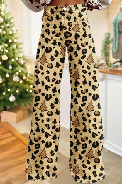 Christmas Tree and Leopard Wide-Leg Pants