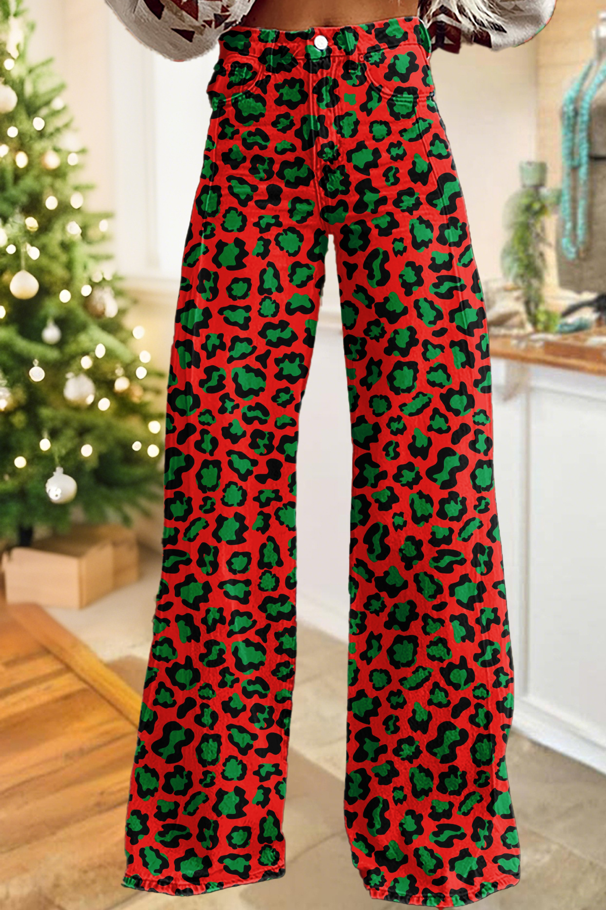 Christmas Leopard Wide-Leg Pants