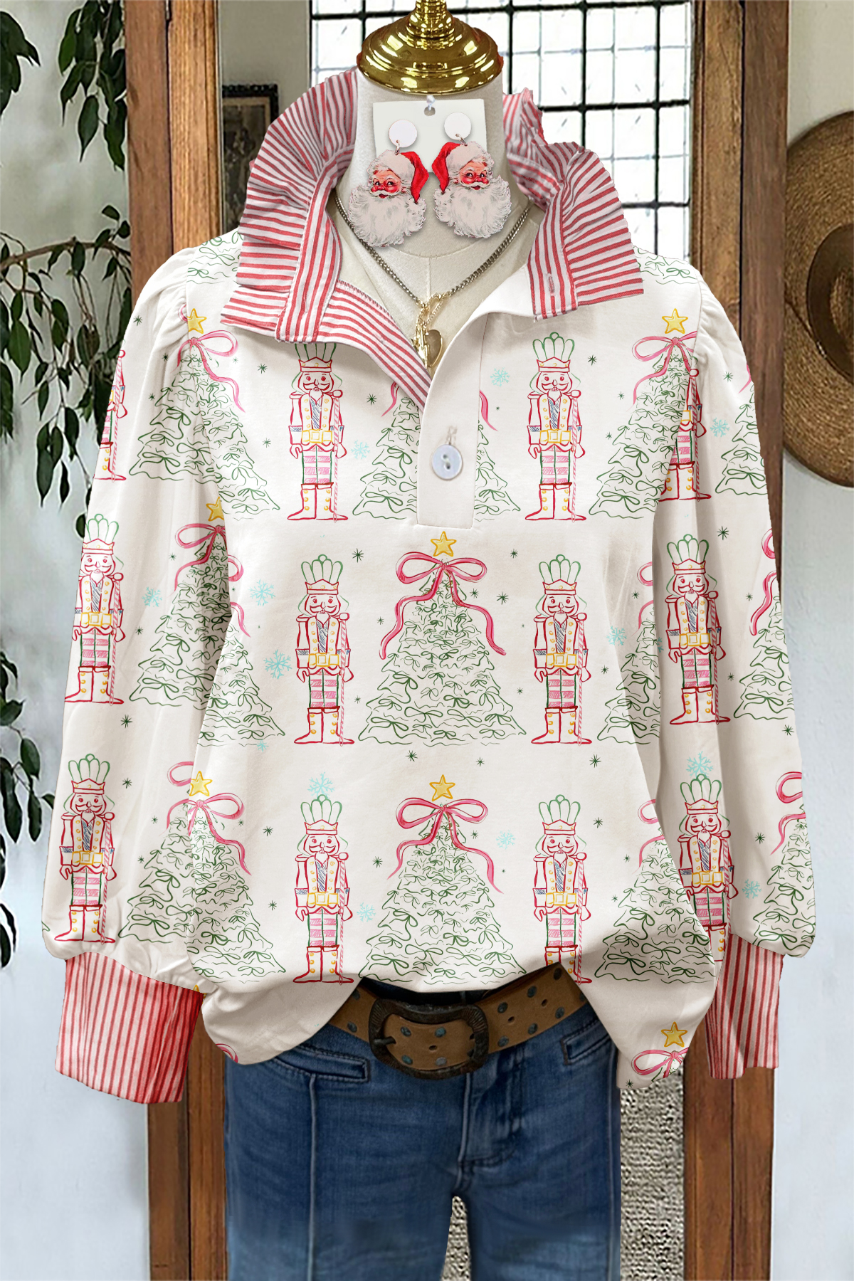 Christmas Nutcracker Striped Stand Collar Blouse