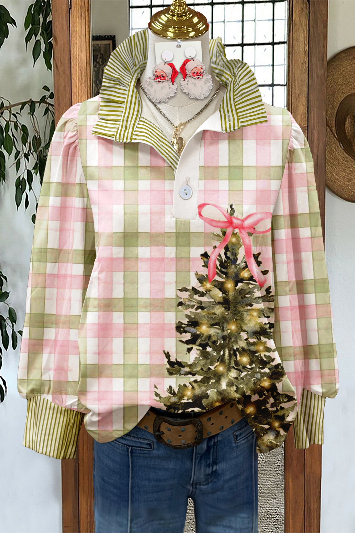 Christmas Tree Striped Stand Collar Blouse