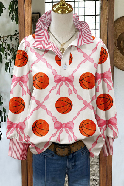 Basketball Game Day Bow Stand Collar Blouse