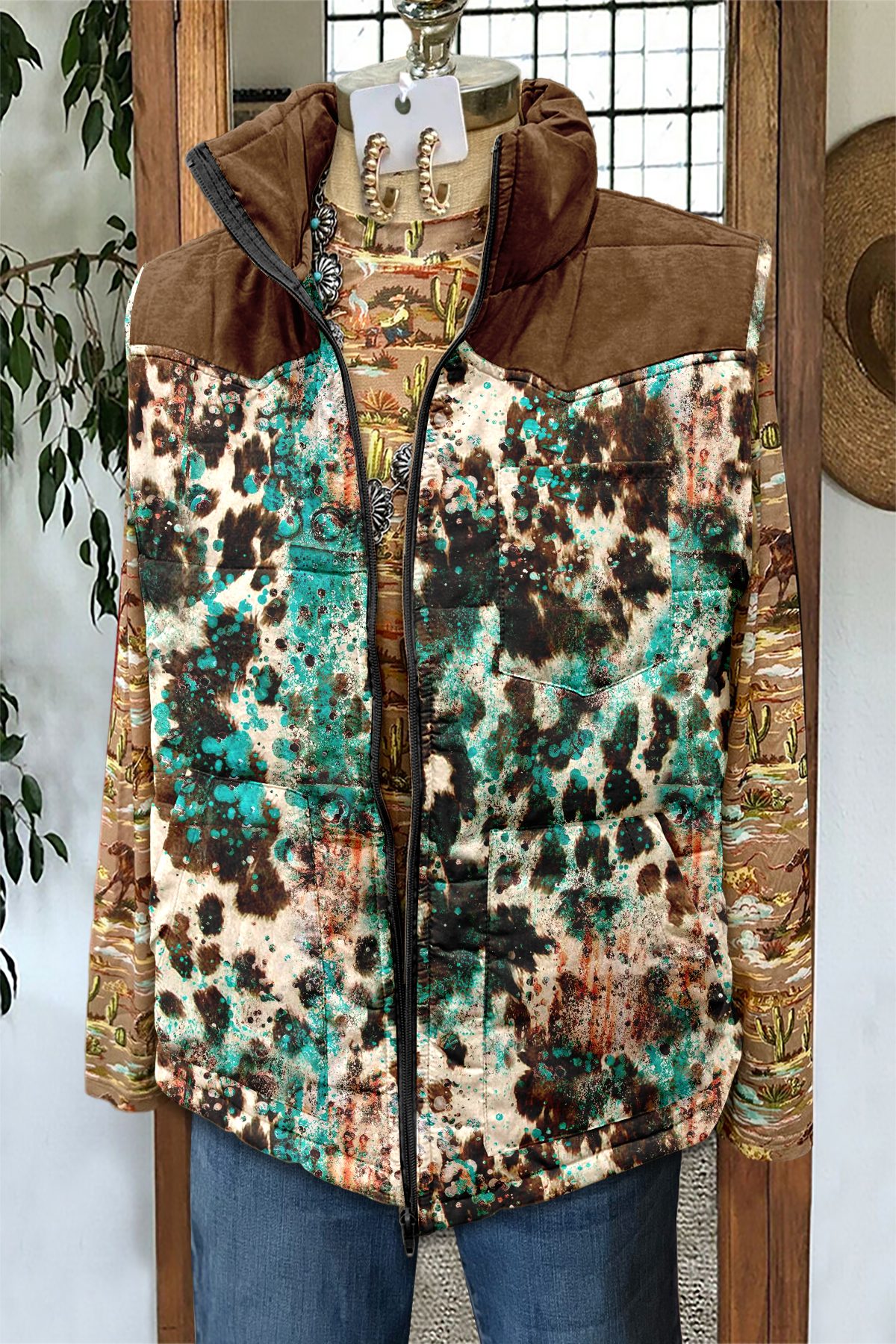 Western Cow Print Pocket Vest