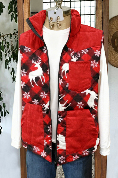 Christmas Plaid Reindeer Pocket Vest