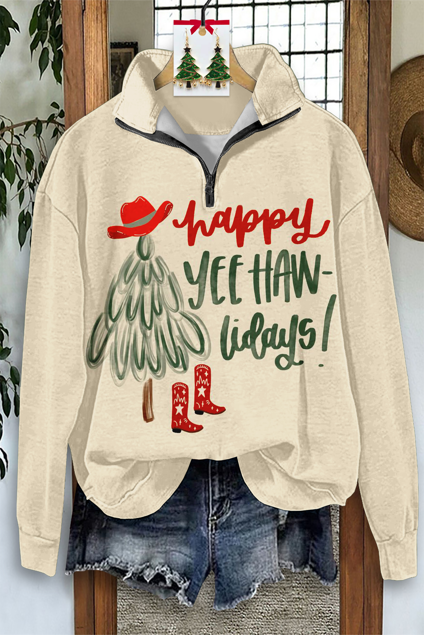 Western Christmas Tree Hat Zip-Up Sweatshirt