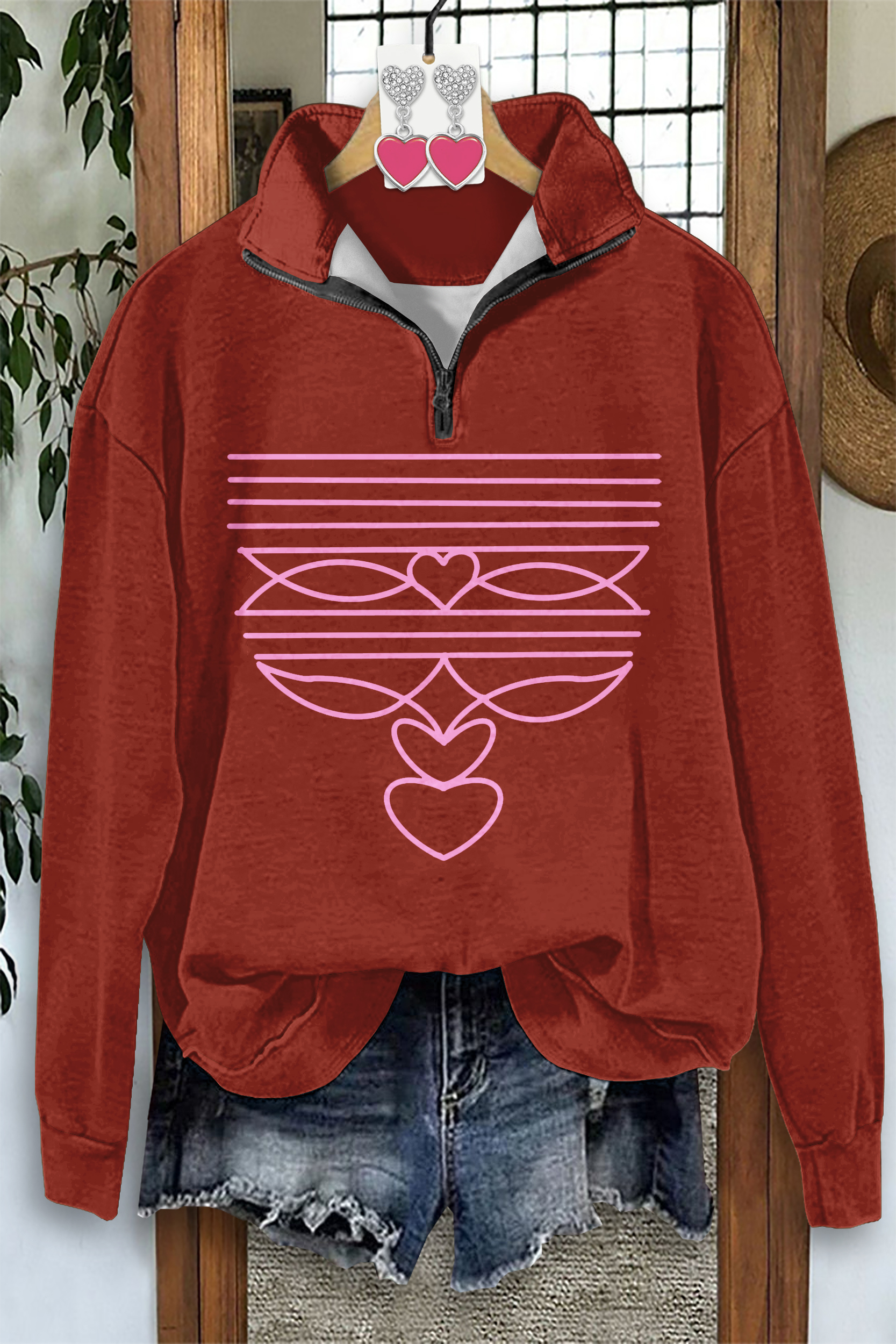 Western Boots Stitch Heart Zip-Up Sweatshirt