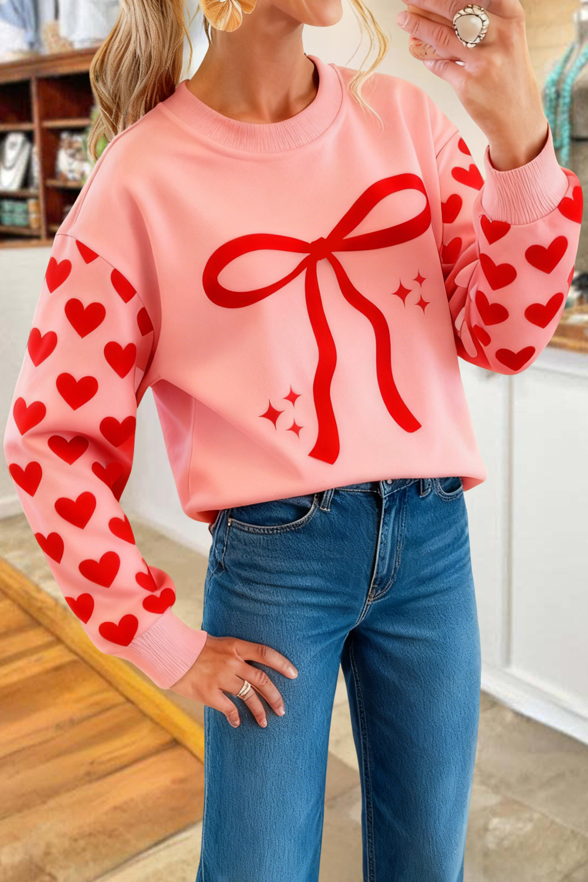 Valentine's Day Bow Heart Print Sweatshirt