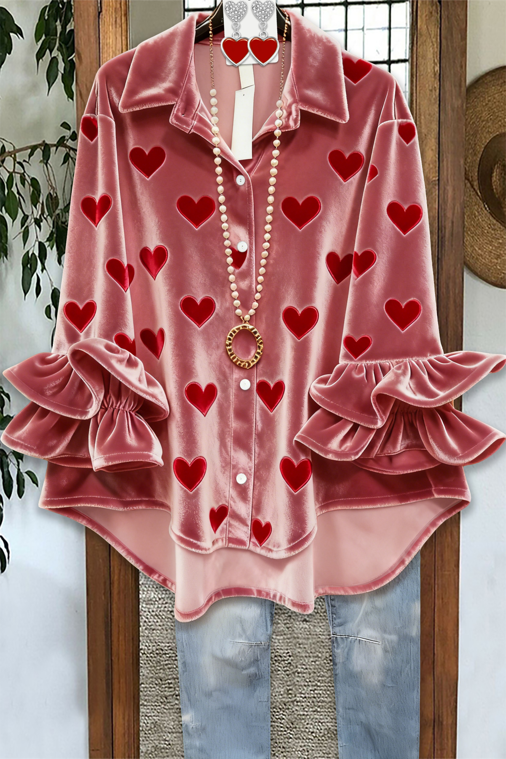 Valentine's Day Heart Ruffled Velvet Blouse