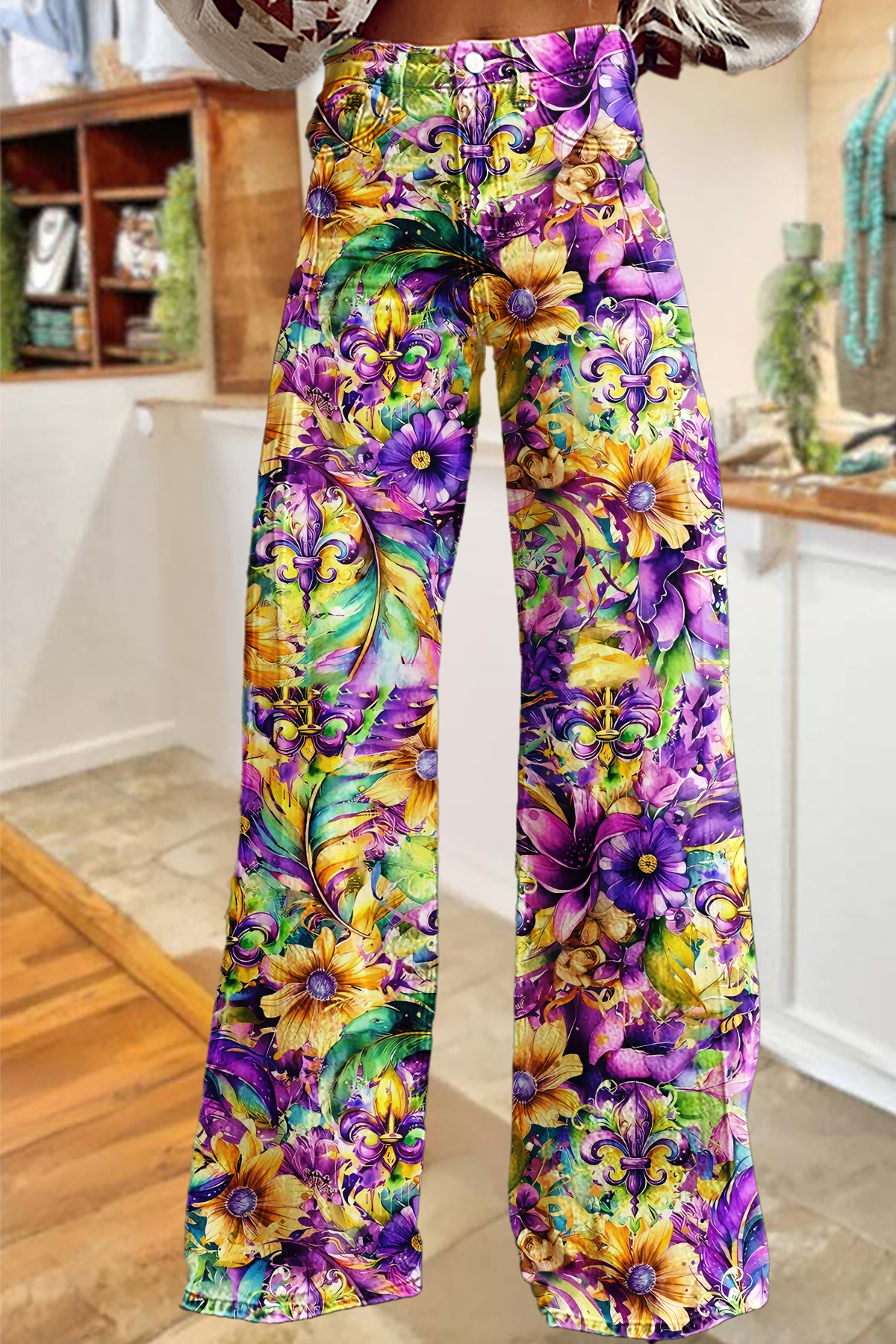 Mardi Gras Flowers Wide-Leg Pants