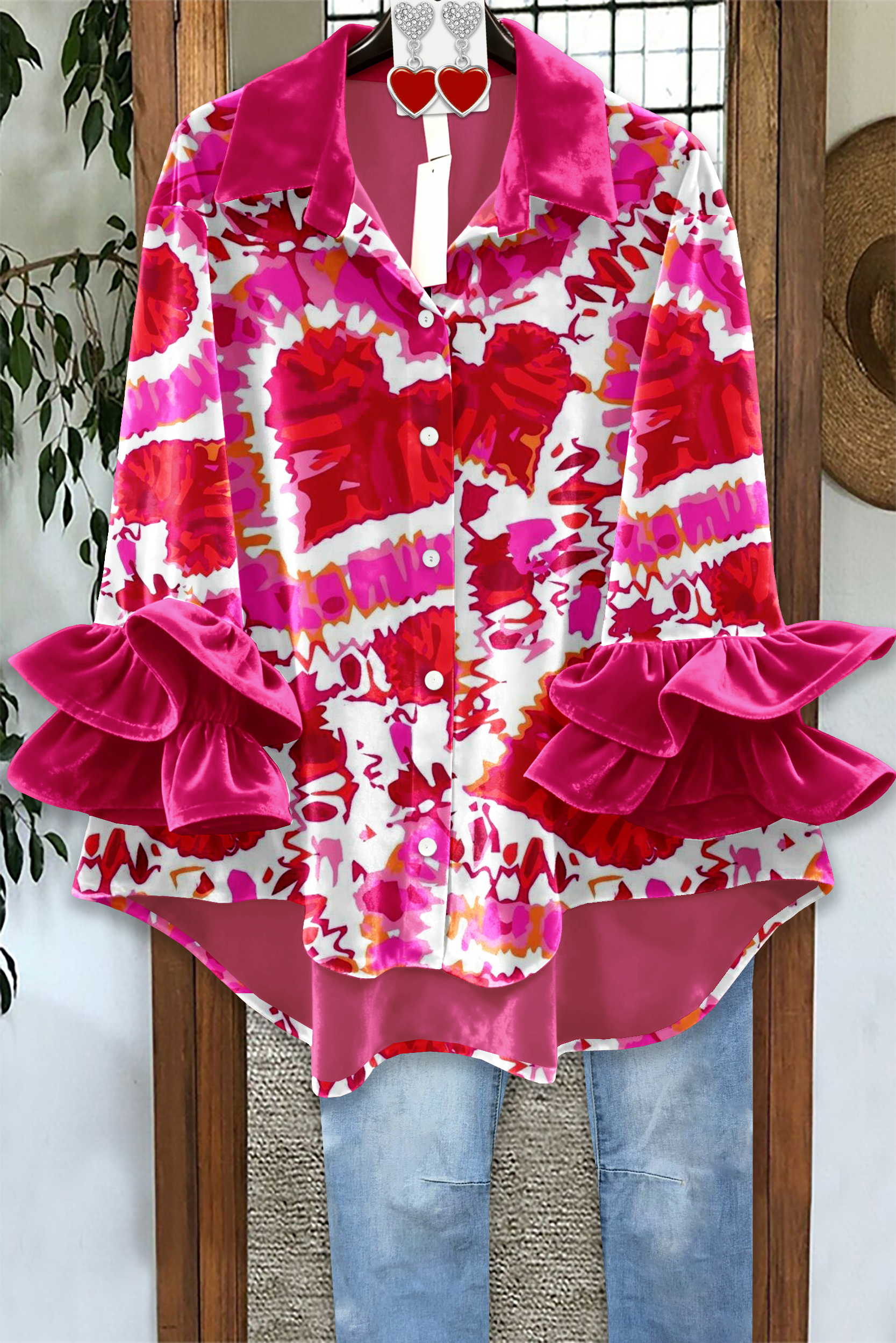 Valentine's Day Heart Ruffled Velvet Blouse
