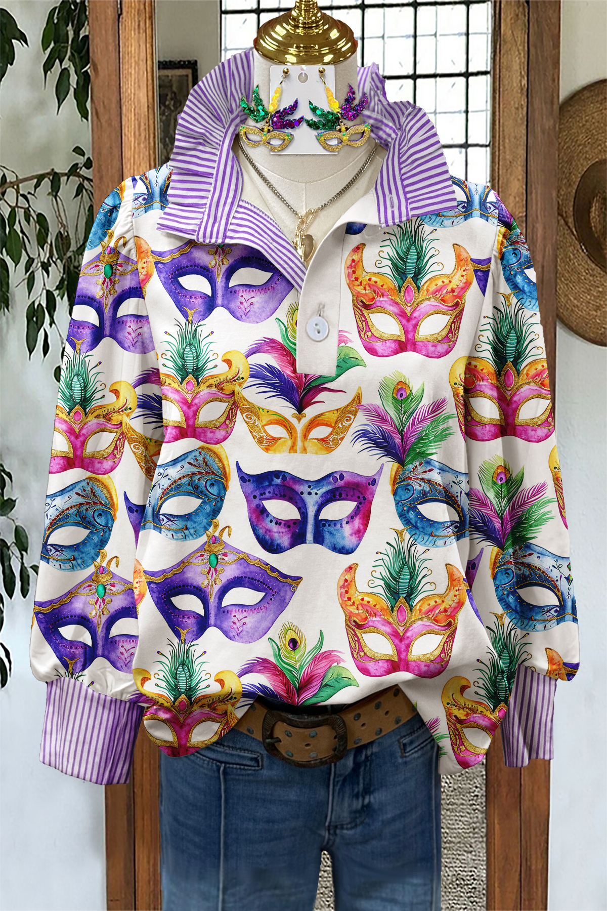 Mardi Gras Mask Striped Blouse