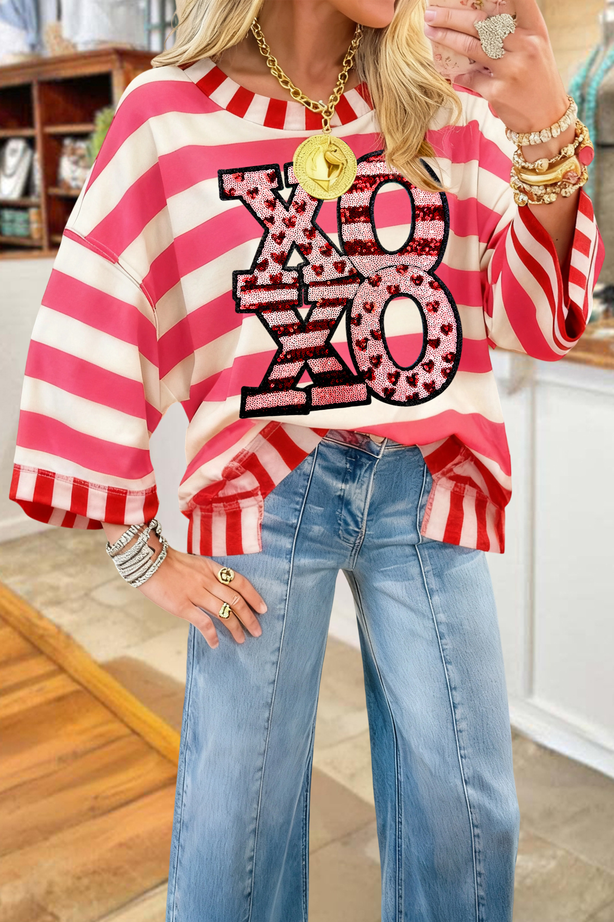 Valentine's Day XOXO Striped Sweatshirt
