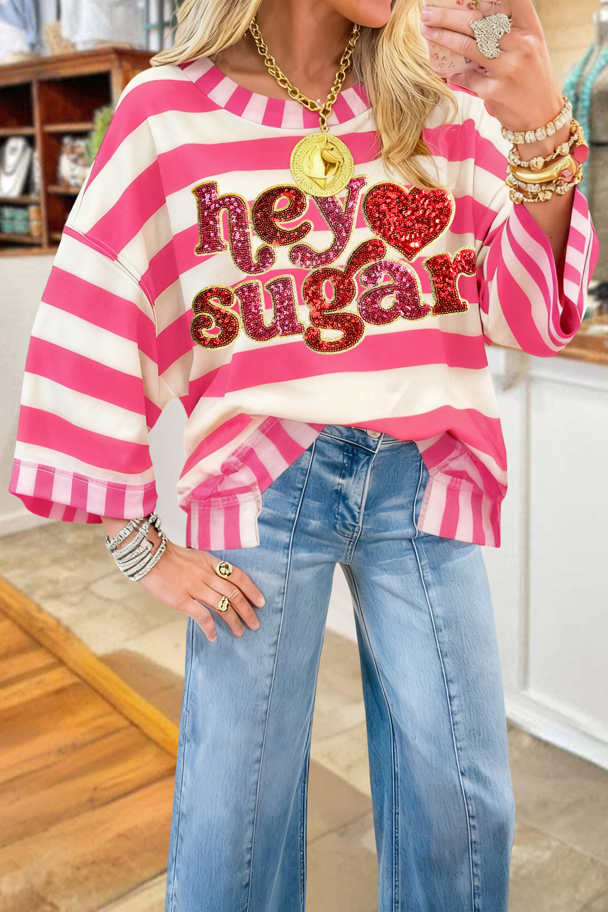 Valentine's Day Hey Sugar Striped Sweatshirt