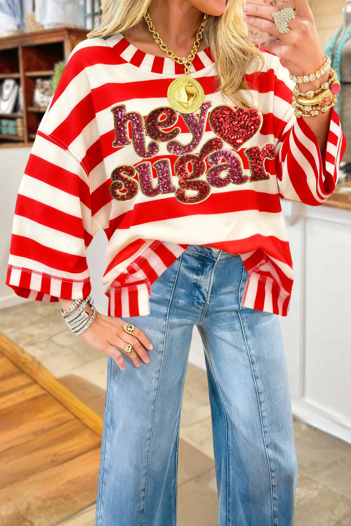 Valentine's Day Hey Sugar Striped Sweatshirt