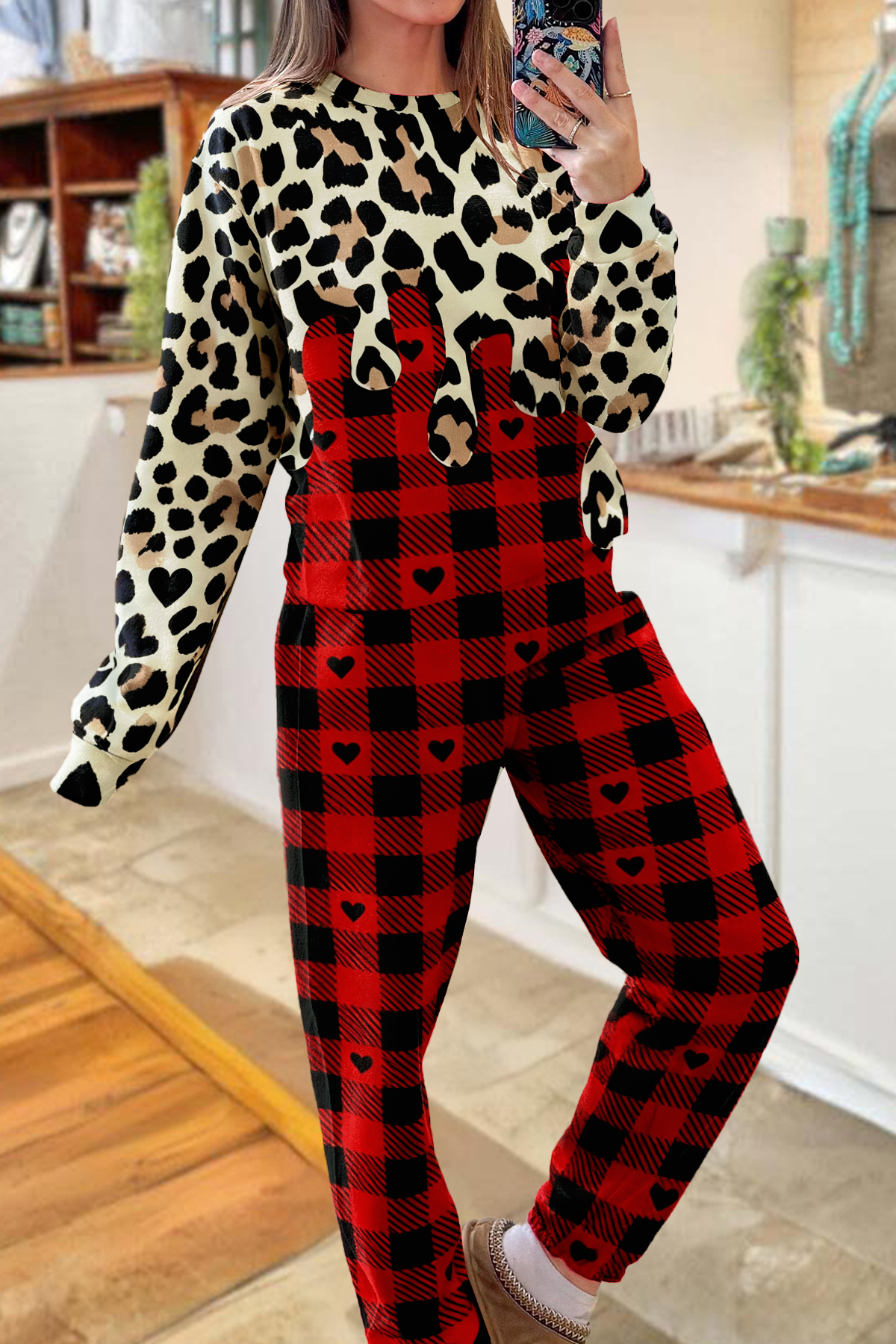 Classic Plaid Leopard Print Top And Pants Two-Piece Set