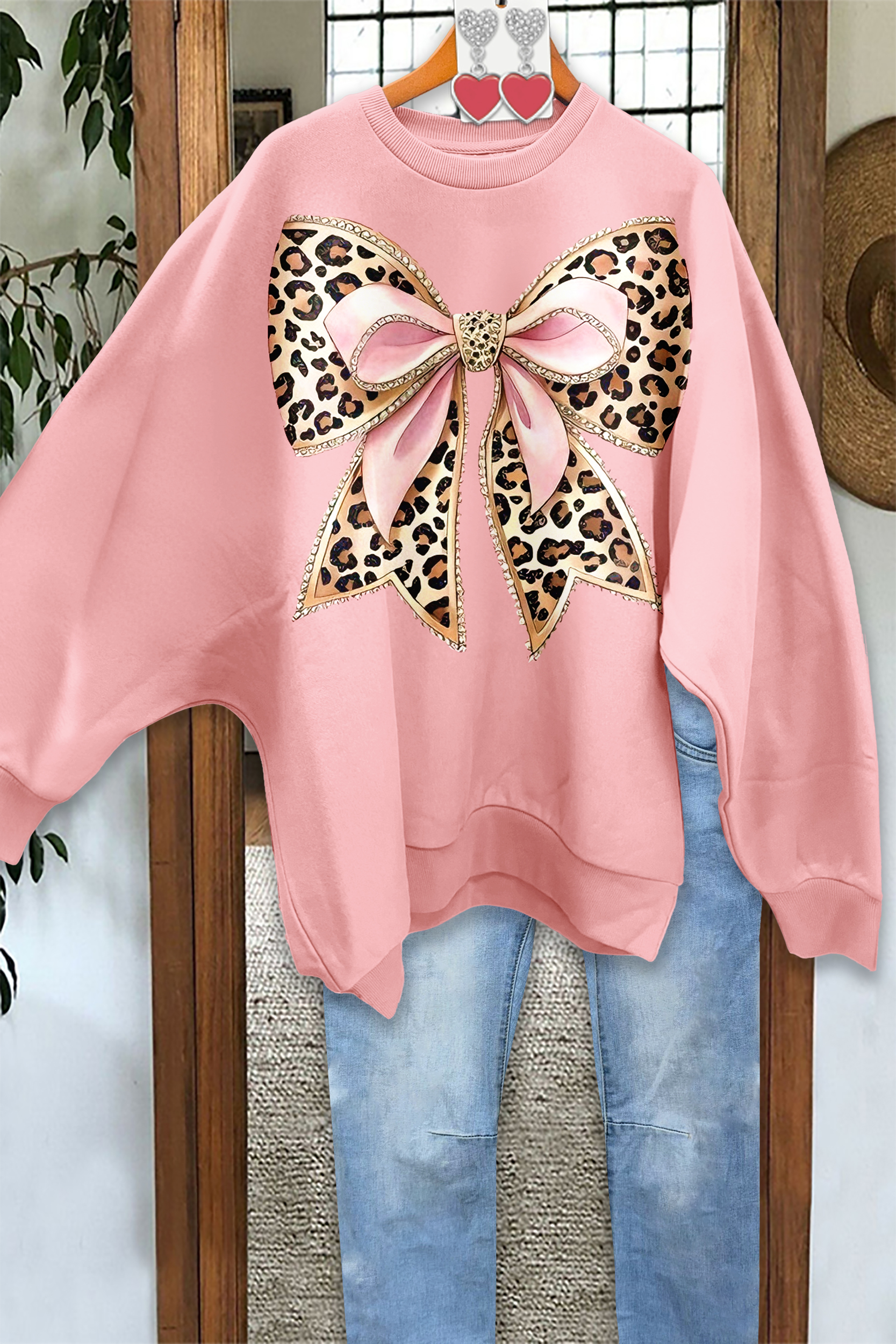 Sweet Bow Leopard Print Loose Sweatshirt