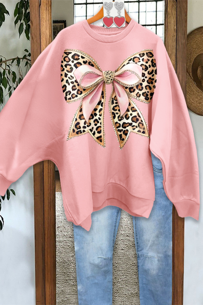 Sweet Bow Leopard Print Loose Sweatshirt