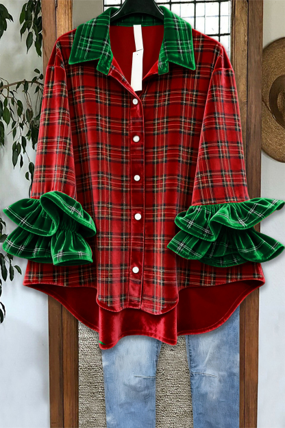 Christmas Plaid Velvet Blouses