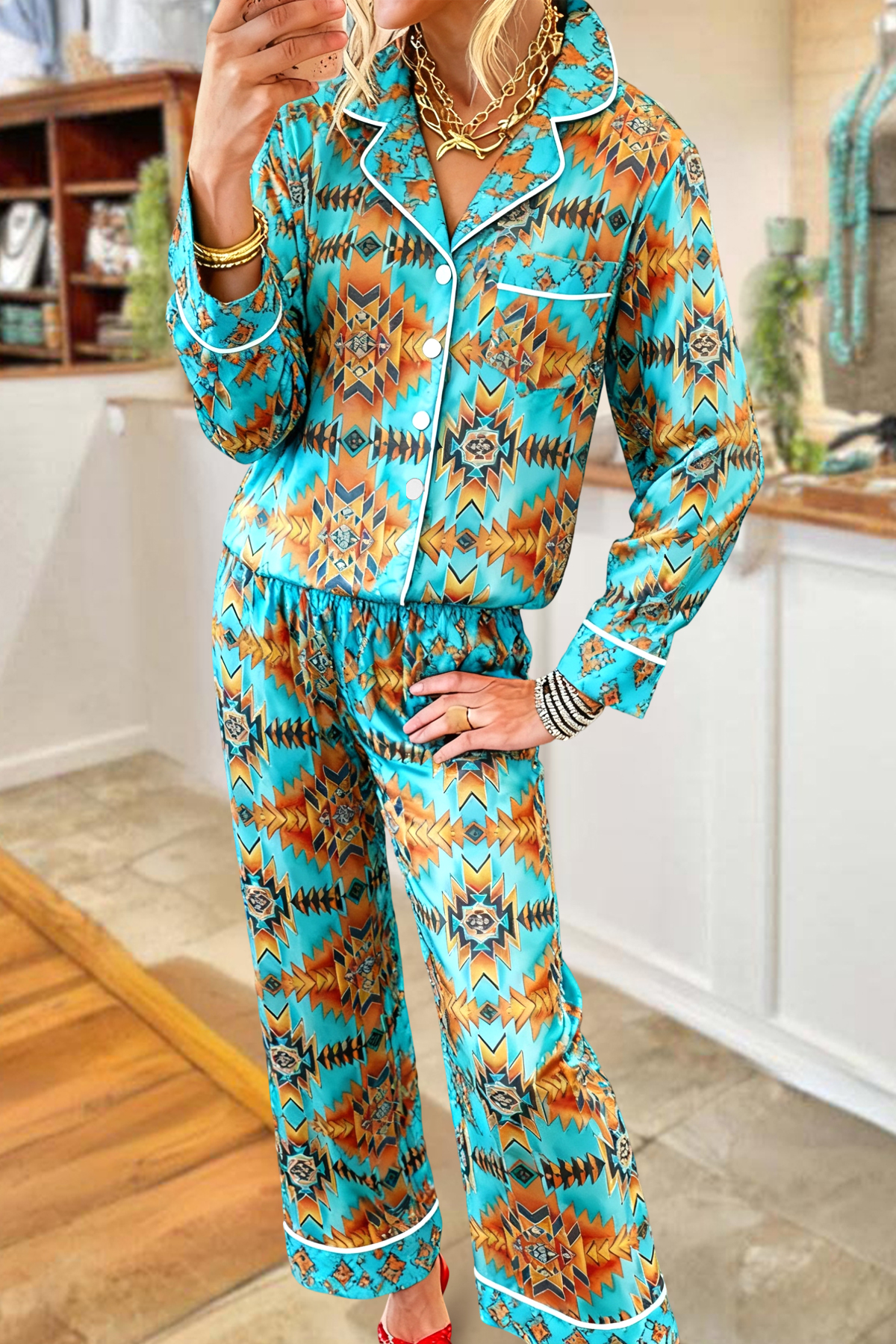 Western Aztec Top And Pants Pajama Set