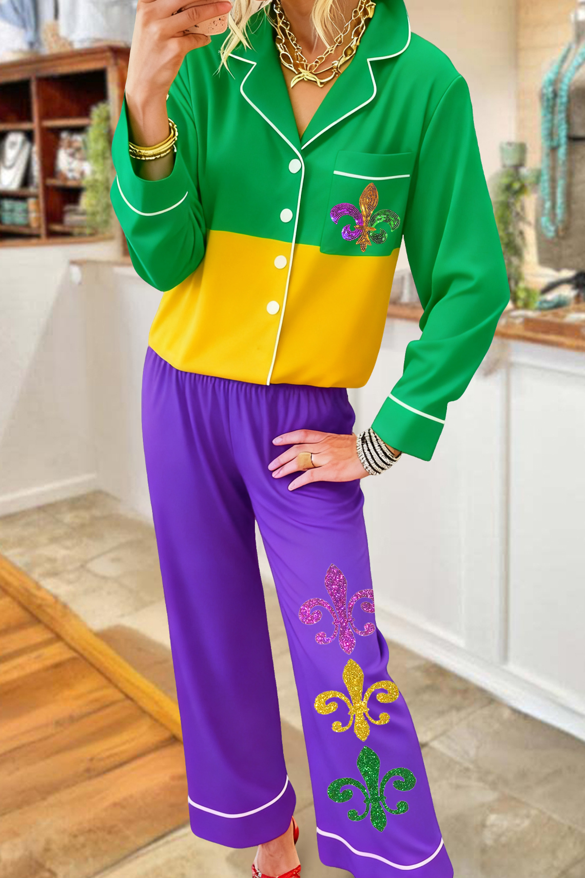 Mardi Gras Color Block Top And Pants Pajama Set