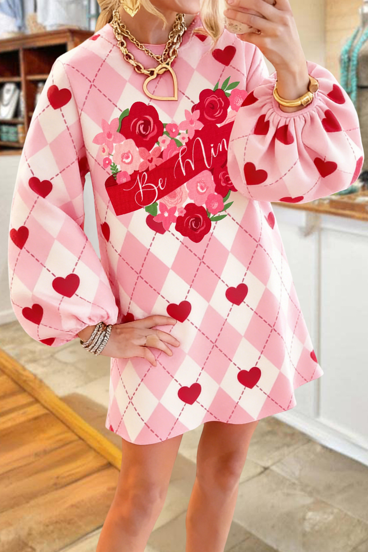 Valentine's Day Heart Argyle Sweatshirt Dress