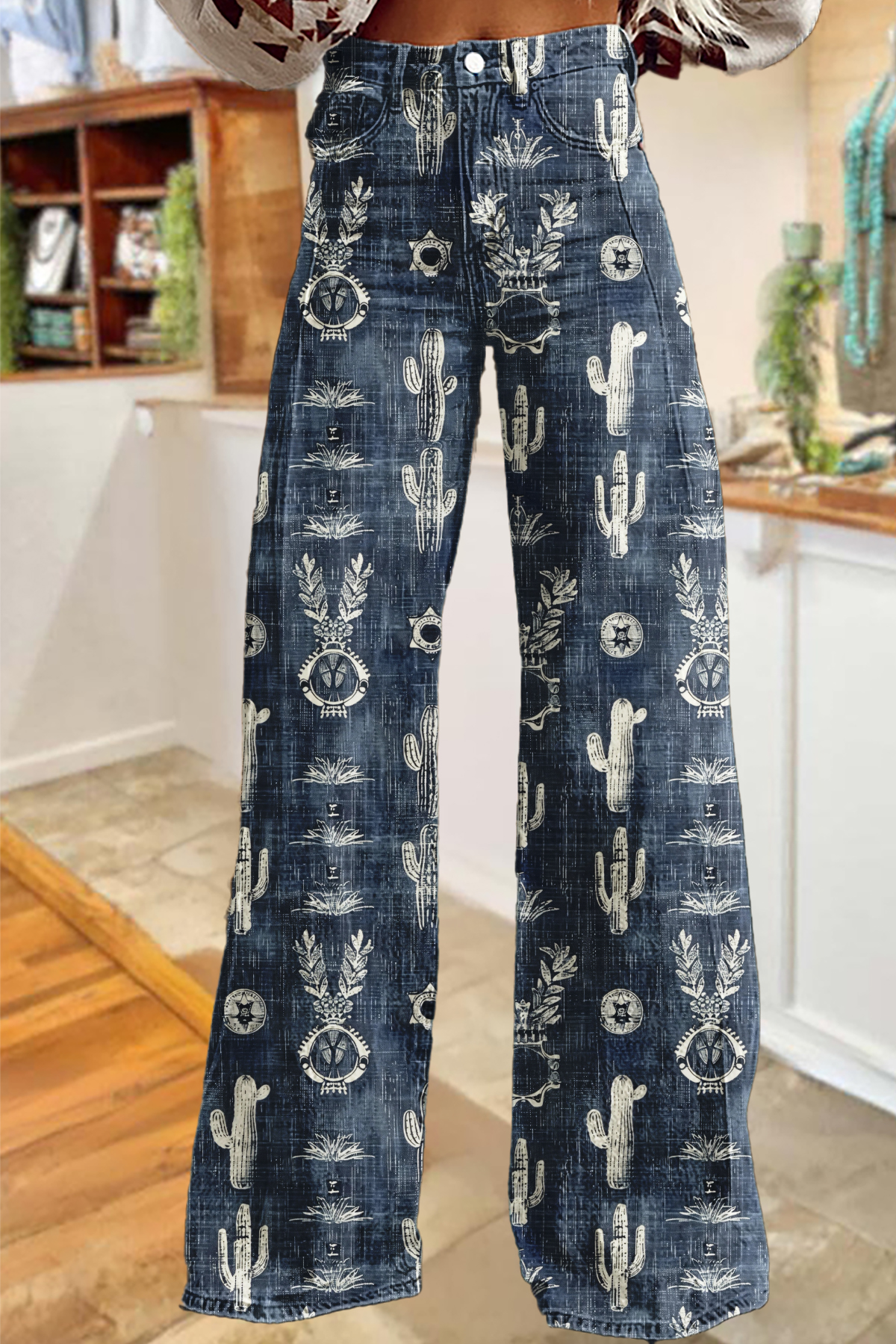 Western Cactus Print Wide-Leg Pants