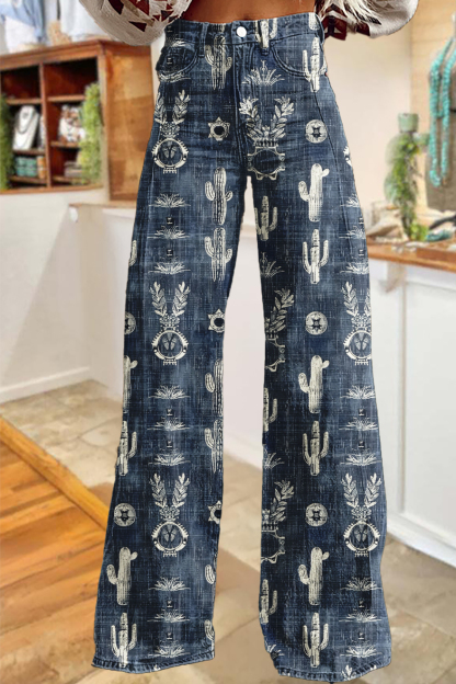 Western Cactus Print Wide-Leg Pants