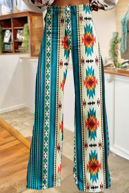 Western Aztec Print Wide-Leg Pants