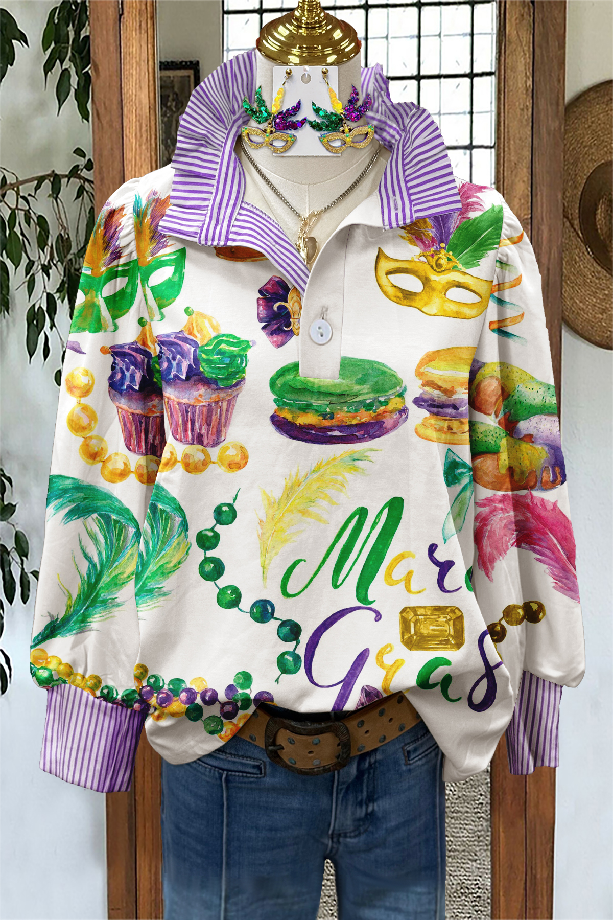 Mardi Gras Mask Striped Blouse