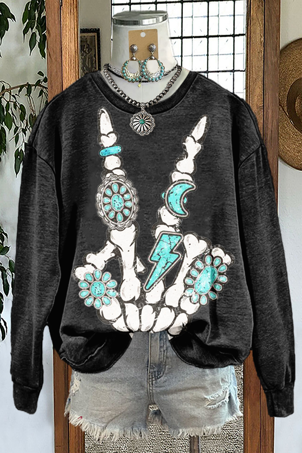 Retro Western Skull Print Sweatshirt