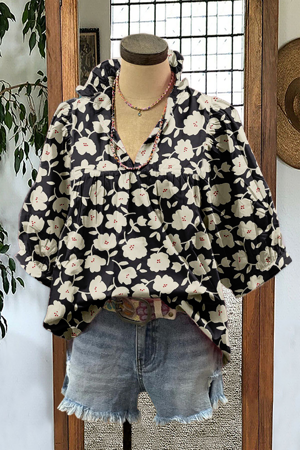 Classic Cute Floral Puff Sleeve Top