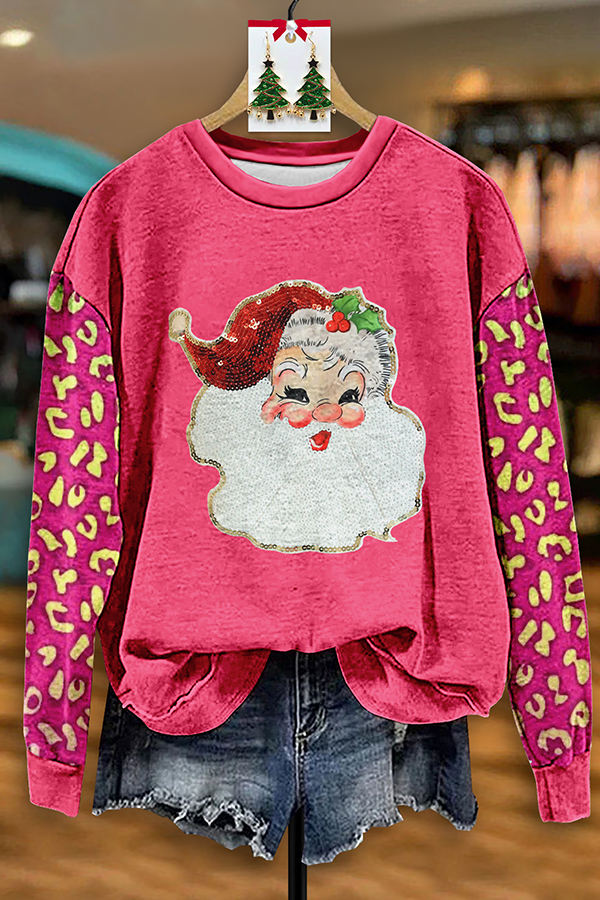 Sparkling Santa Sequin Leopard Print Sweatshirt