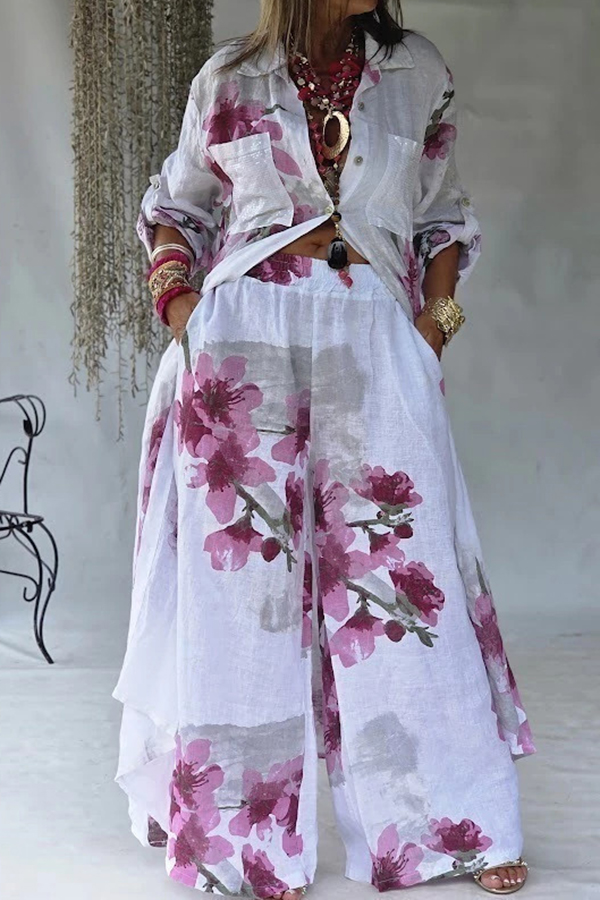 Floral Button Down Shirt & Wide Leg Pants Set