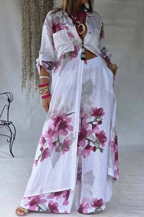 Floral Button Down Shirt & Wide Leg Pants Set